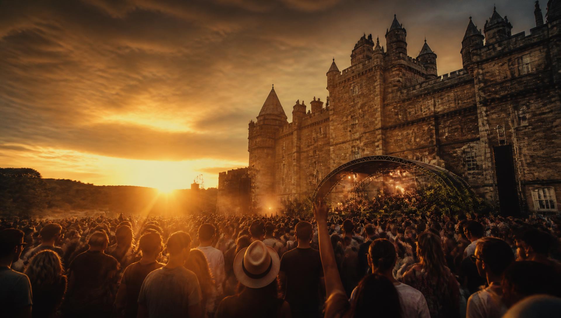Crowd dancing in front of a floodlit castle at sunset during Summer Days at Mains Castle, Dundee